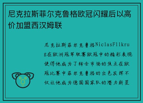 尼克拉斯菲尔克鲁格欧冠闪耀后以高价加盟西汉姆联
